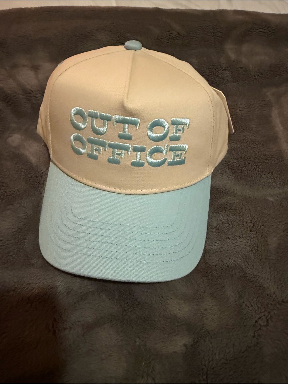 Altar'd State 'OUT OF OFFICE' Two-Tone Cap in Cream & Light Blue